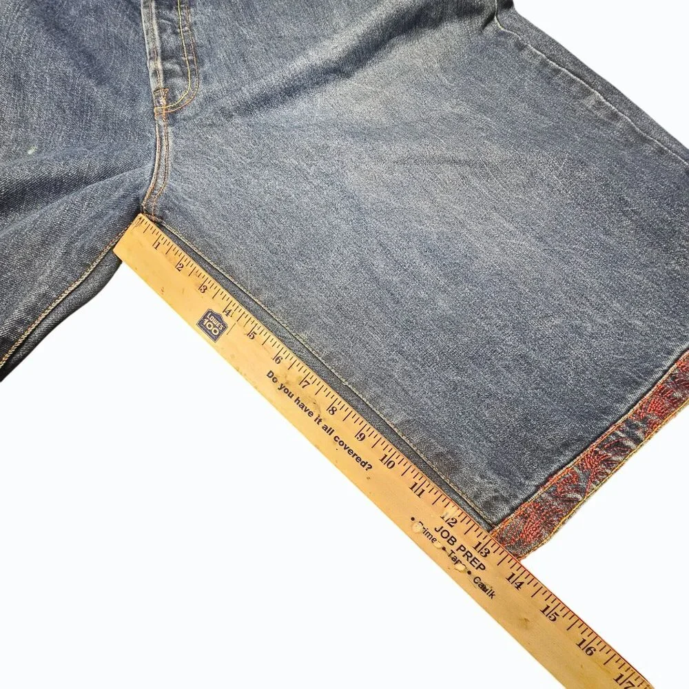 RMC Red Monkey Mens Jean Shorts 38 Denim Button Fly Embroidered Pocket & Hem Y2K